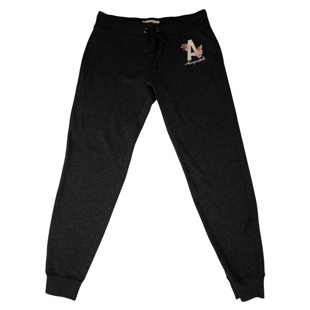 Aeropostale Women Charcoal Gray Floral Logo Fleece Jogger Sweatpants Size M